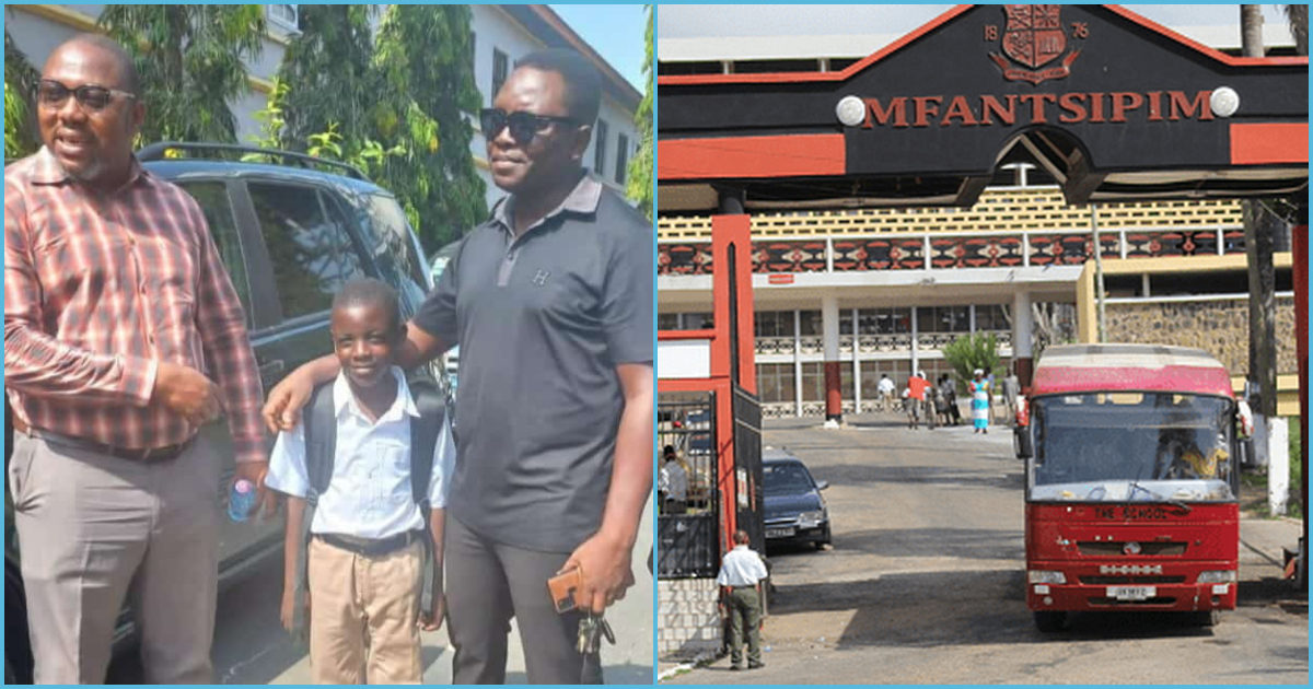 Photo of Mfantsipim student in a group photograph and the entrance of the school