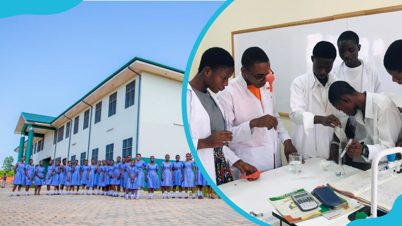 Bosomtwe Girls STEM SHS students outside their school (L) and Awaso STEM SHS in a laboratory (R)