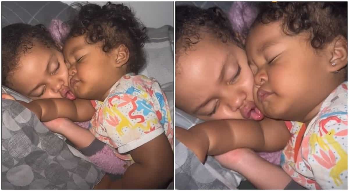 Photos of two babies sleeping on each other.