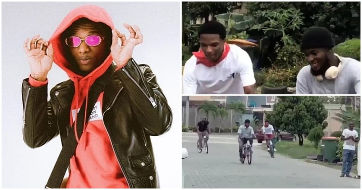 Wizkid spotted riding a bicycle with his guys on the streets of Lagos (video)