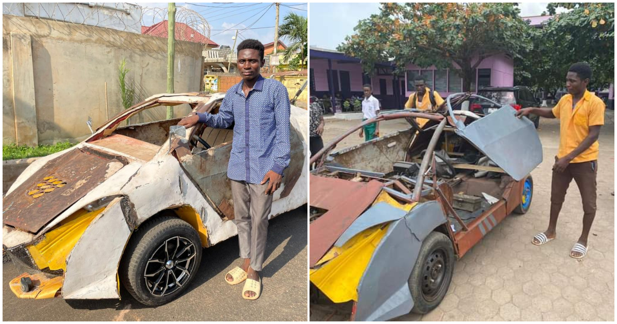 Ghanaian student, Kelvin Odartei, poses with a car he created