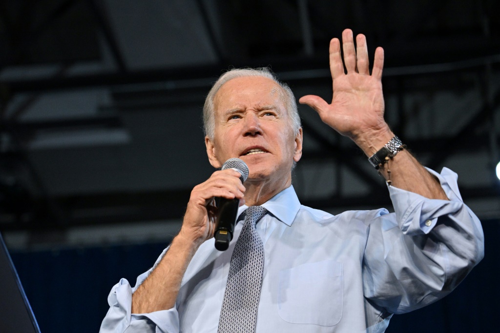 US President Joe Biden speaks on the eve of the US midterm elections, at Bowie State University in Bowie, Maryland, on November 7, 2022