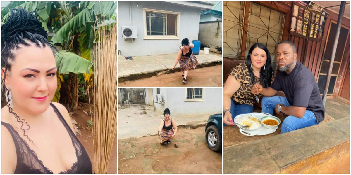 Reactions as pretty Oyinbo lady married to a Nigerian man is spotted sweeping compound in the morning