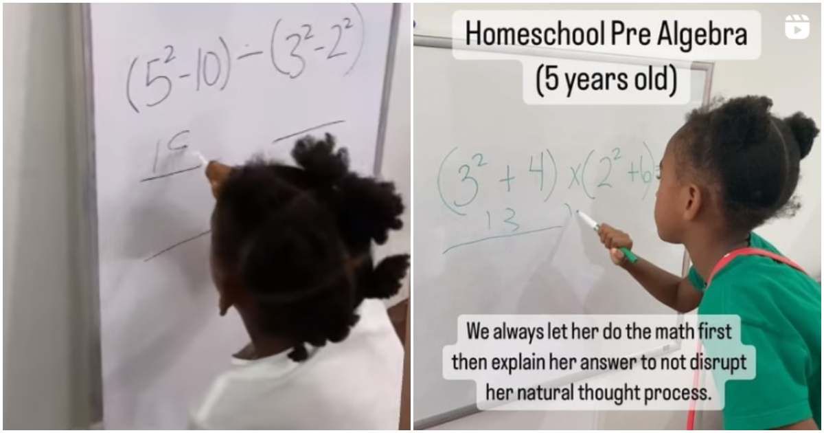 Five-year-old girl solves complex Algebra equations.