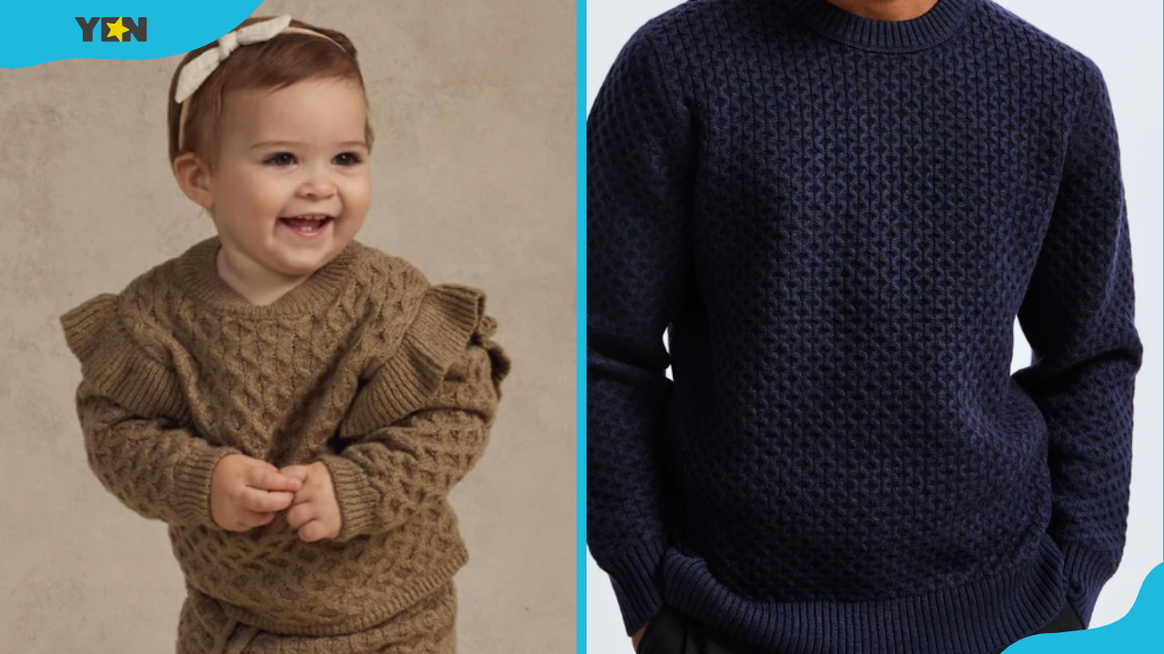 A baby (L) and a man (R) wearing honeycomb sweaters