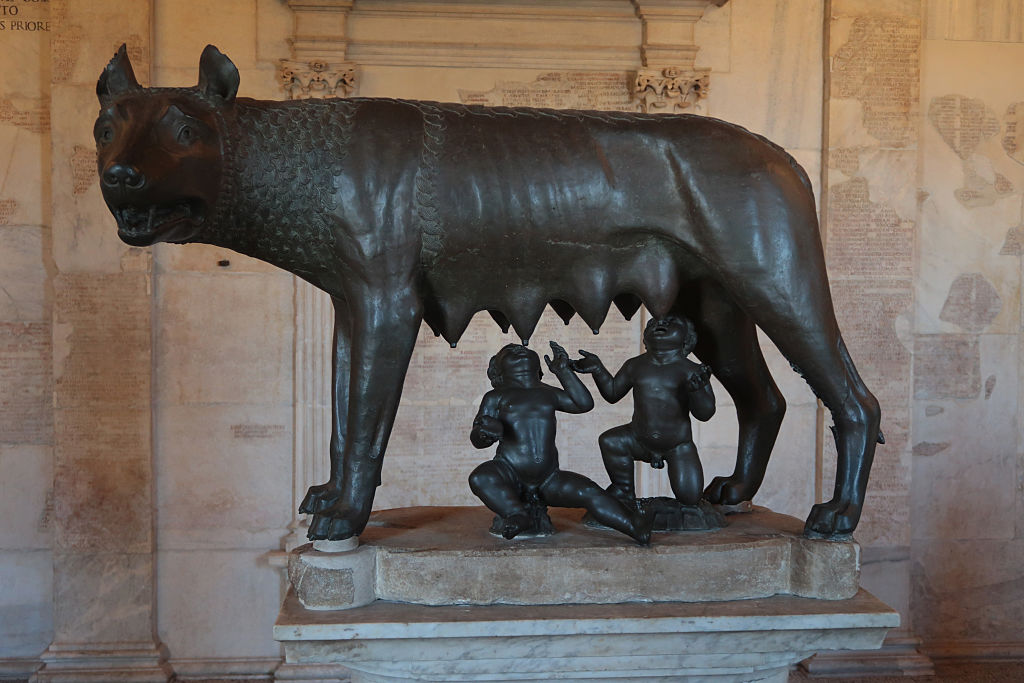The sculpture of Romulus and Remus suckling at a she-wolf.