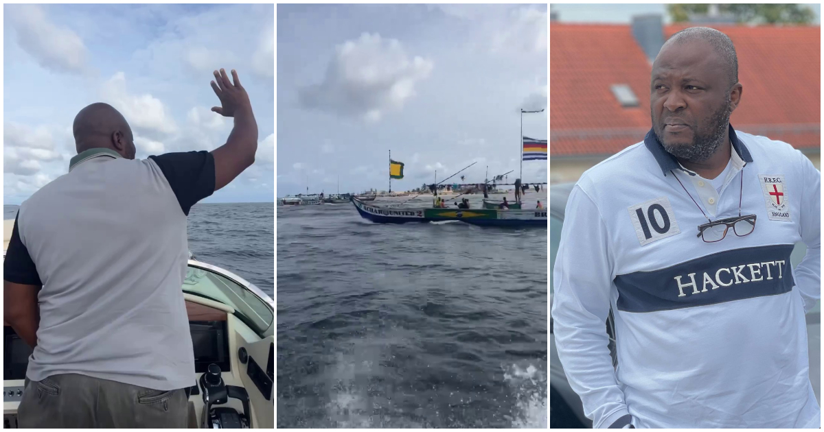 Ibrahim Mahama waves at fishermen from his speed boat, many in awe of his humility