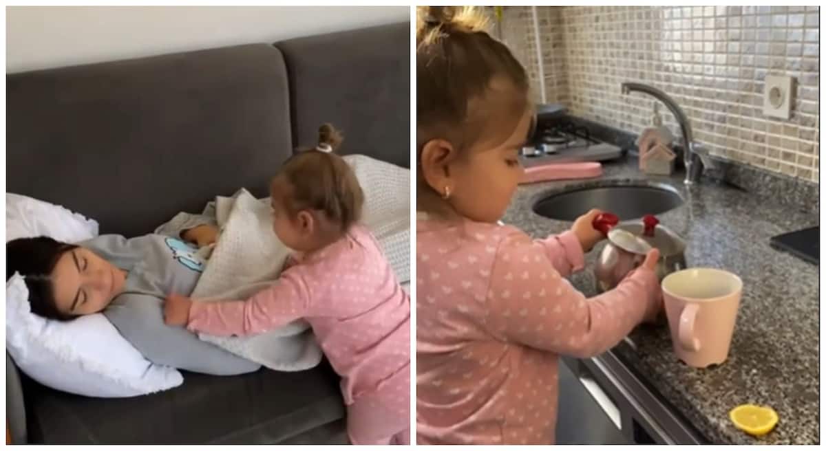 Caring little girl took some time out to show amazing love to her mum, kissing her and giving her tea in stunning video.