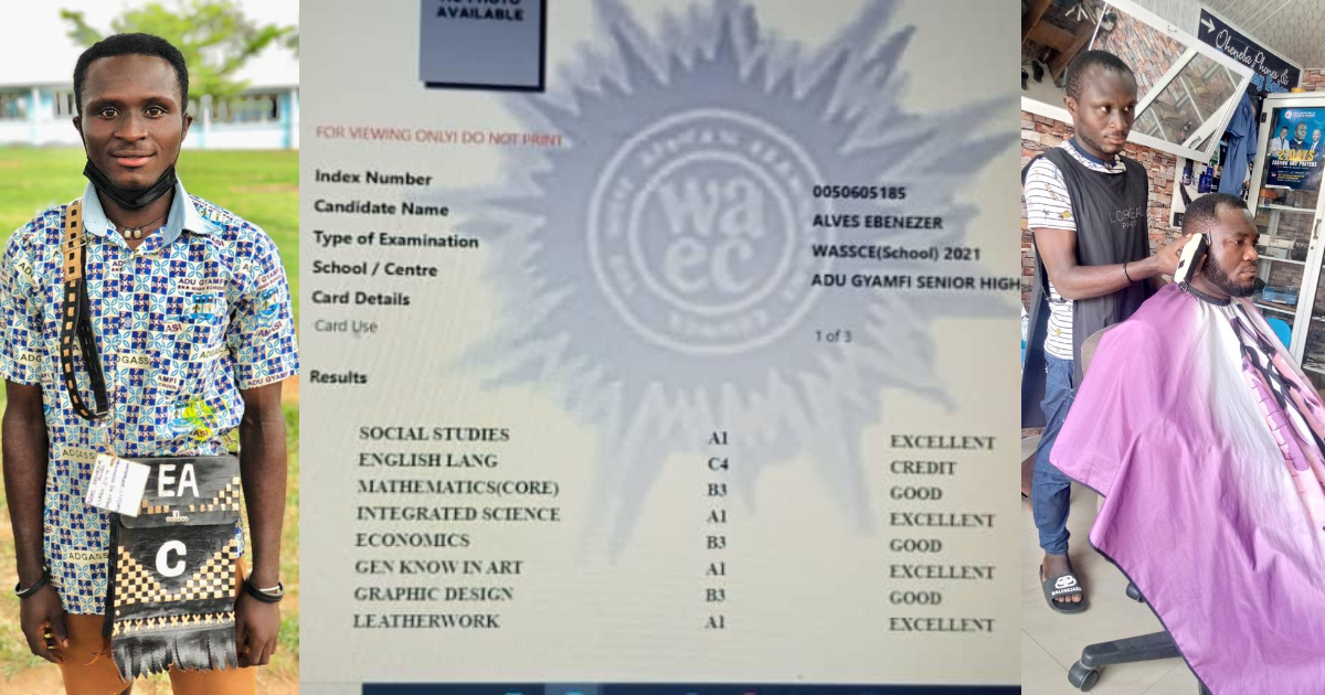 WASSCE: Boy who worked as barber to see himself through JHS and SHS scores 4A's, seeks support