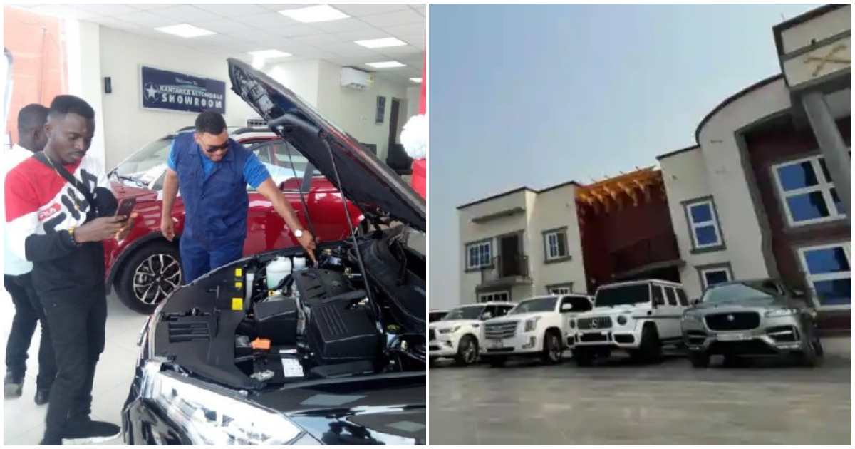 Kantanka Jnr inspects work at his car manufacturing plant (left) after which spends the day in his huge mansion with exotic cars (right)