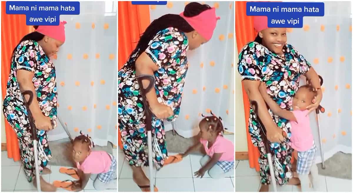 Photos of a child helping her mother to wear slippers.
