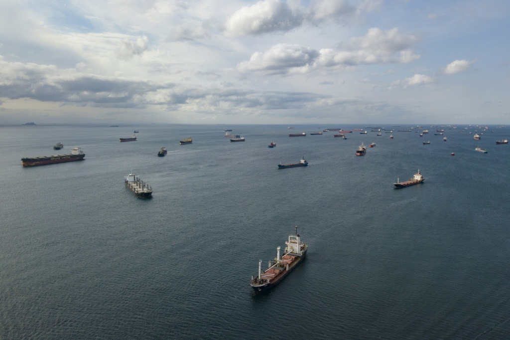 The grain deal between Russia and Ukraine establishing safe corridors along which Ukrainian ships can come in and out of three designated Black Sea ports in and around Odessa creates a traffic jam in Istanbul.  An aerial view shows ships at the anchorage area of the Bosphorus southern entrance in Istanbul, on October 12, 2022.