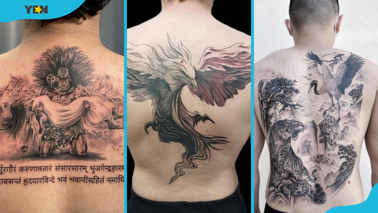 Quote and portrait tattoo (L), phoenix tattoo (M), and tiger and crane tattoo (R)