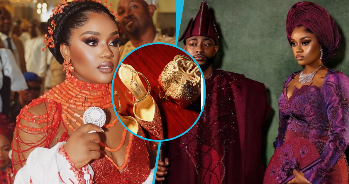 Chioma slays in a corseted Aso Oke styled with GH¢563,000 bag and GH¢26,000 Jimmy Choo shoes at her wedding