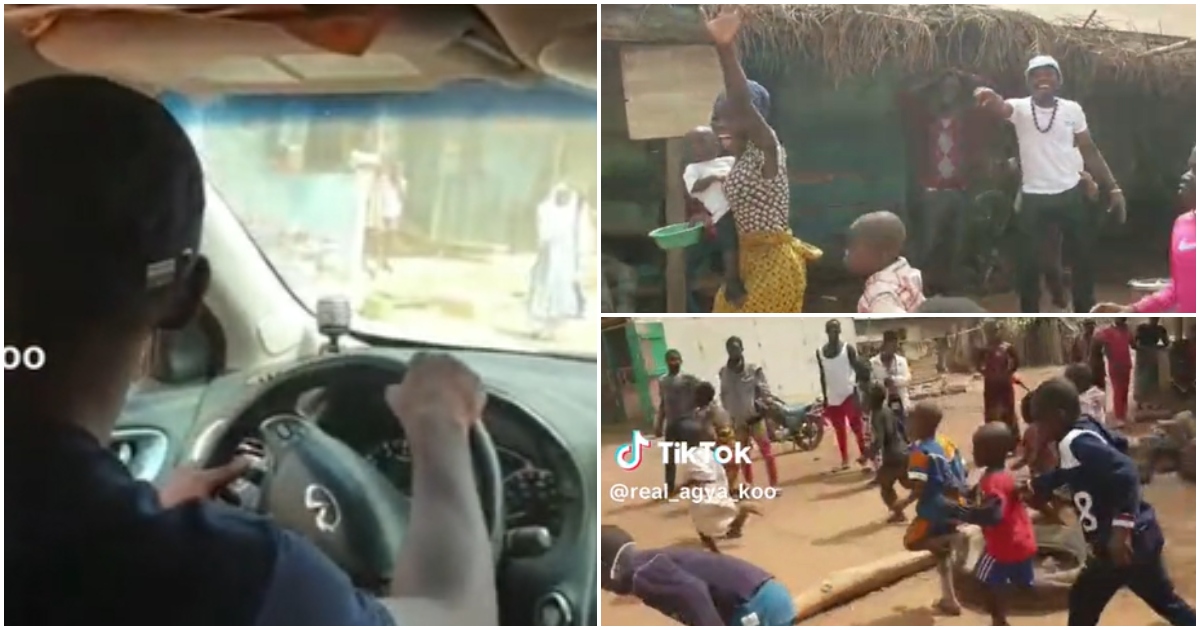 Agya Koo drives his luxury car through town; women and kids chase him