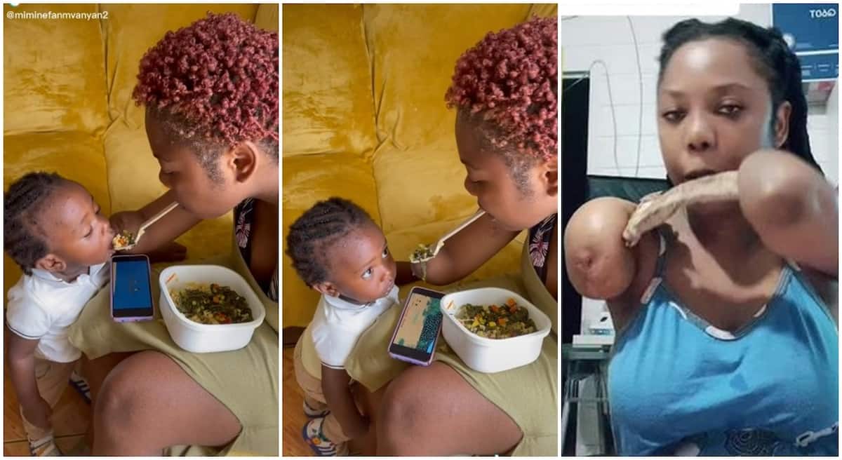 Disabled lady feeding a baby with her mouth.