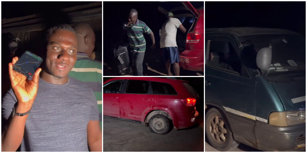Zionfelix gets a flat tire 3 times in the night on his trip from Accra to Wa, many concerned for his safety