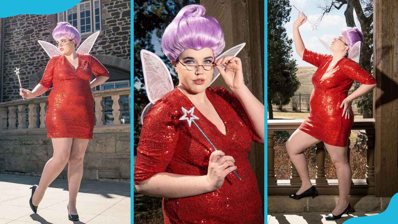 A plus size model showcases a red themed fairy outfit.