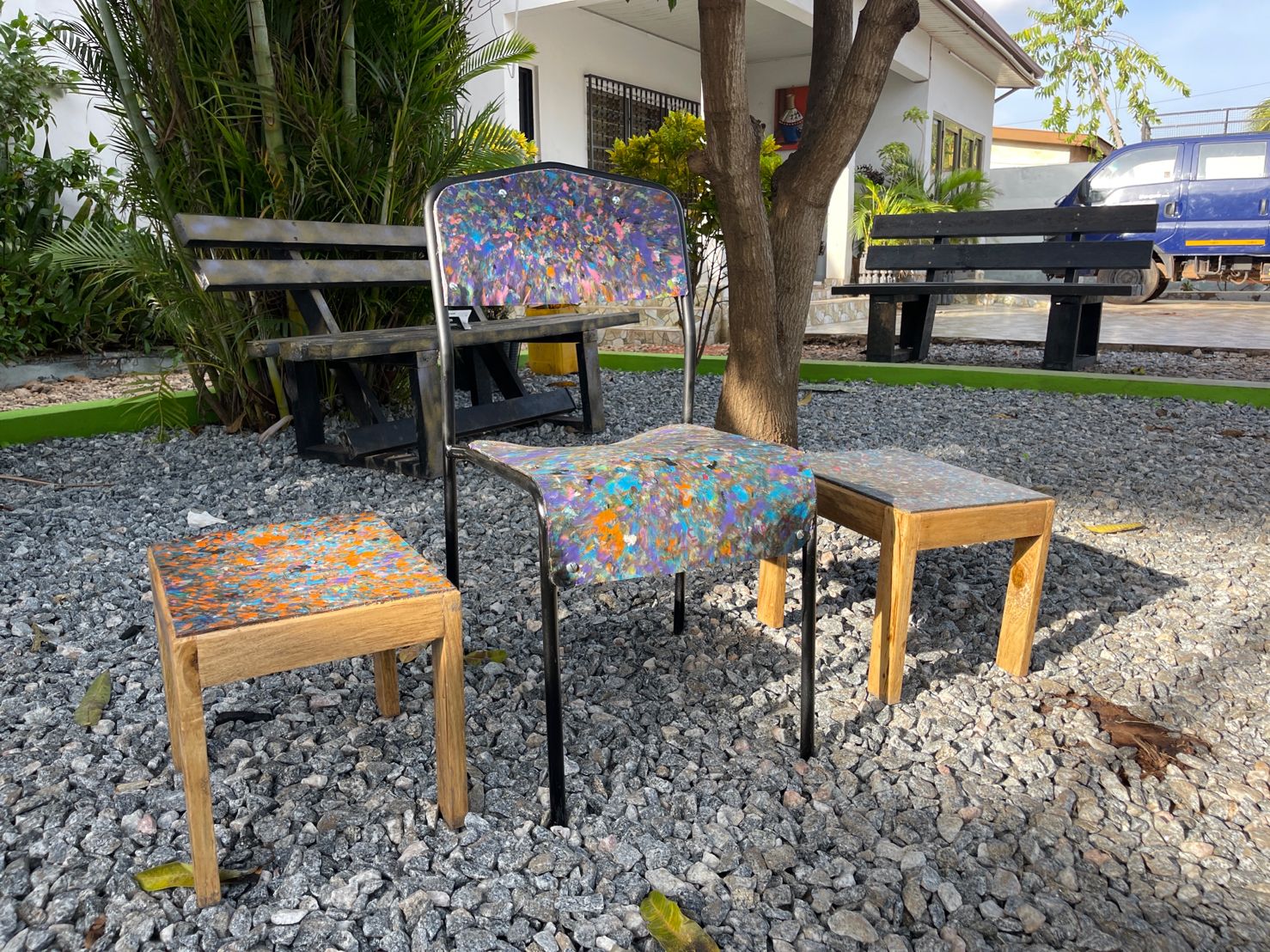 Furniture made using plastic waste.