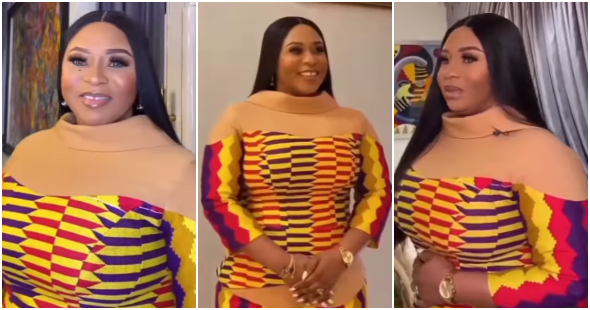 Adwoa Safo slays in gorgeous Kente outfit, shows off luxury watch in video; leaves fans in awe