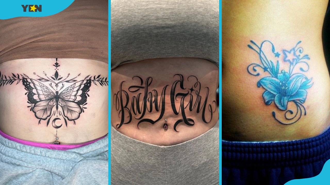 Two ladies with upper stomach tattoos and one with a side tattoo