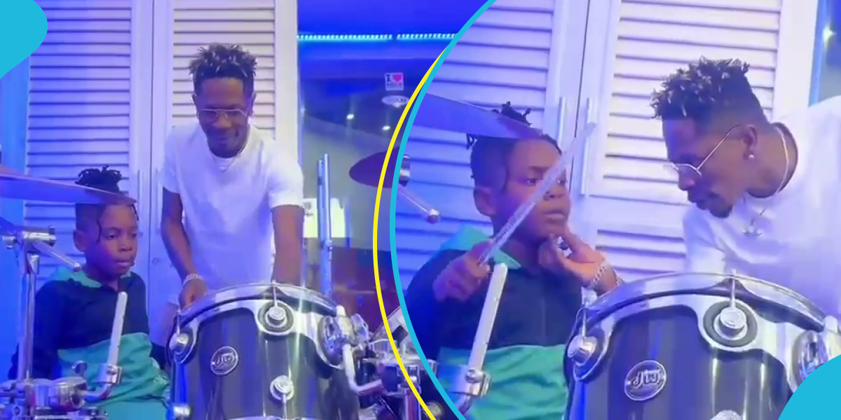 Shatta Wale and his son Majesty on the drums inside his plush mansion