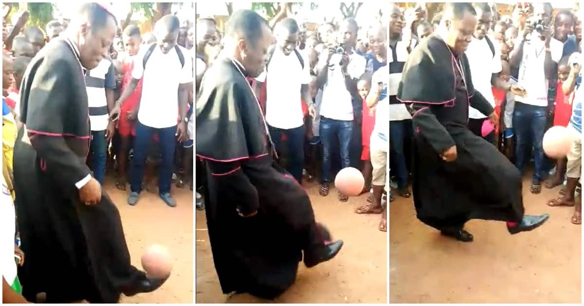 Photos showing a bishop playing football.