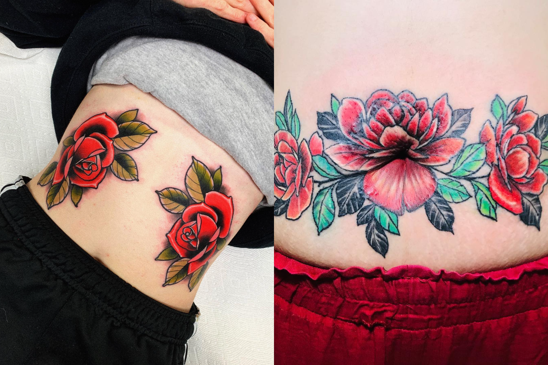 Ladies with red rose flowers tattoo