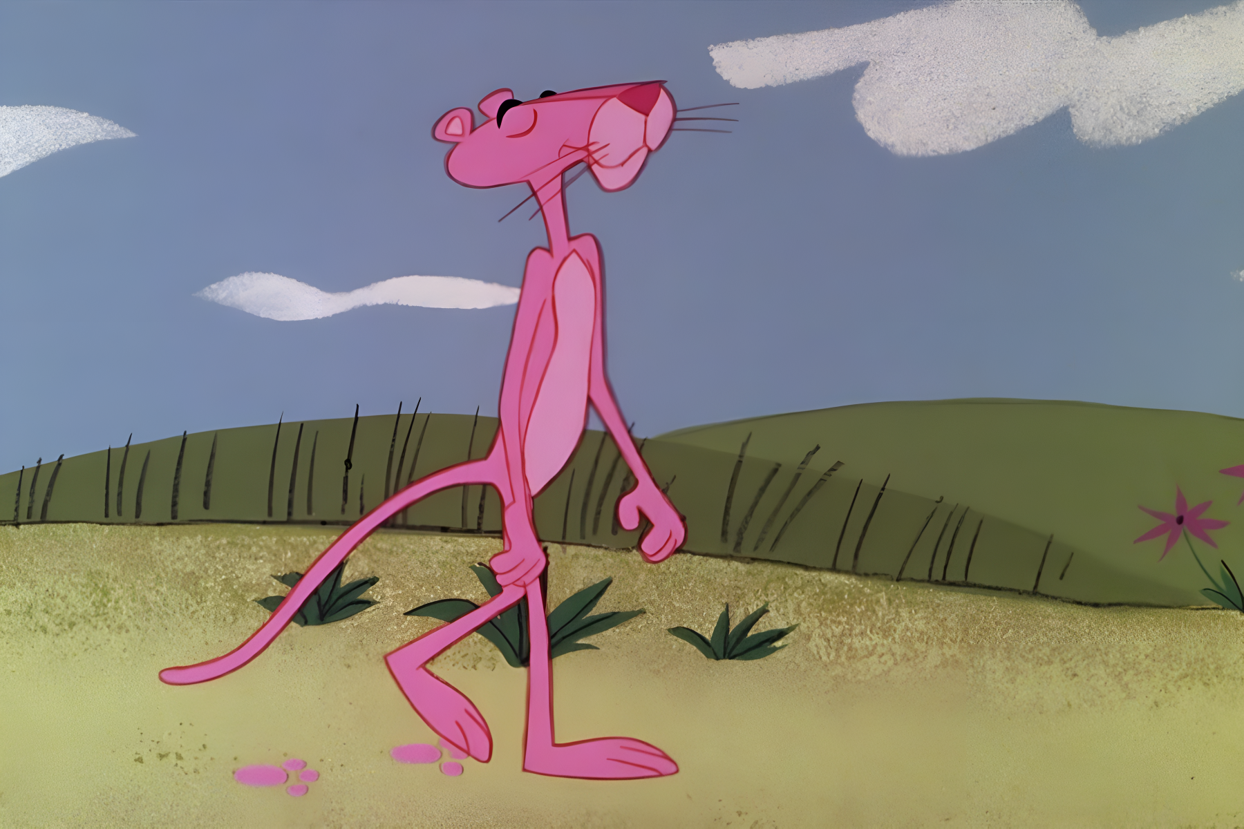 Pink Panther is walking on a bare land