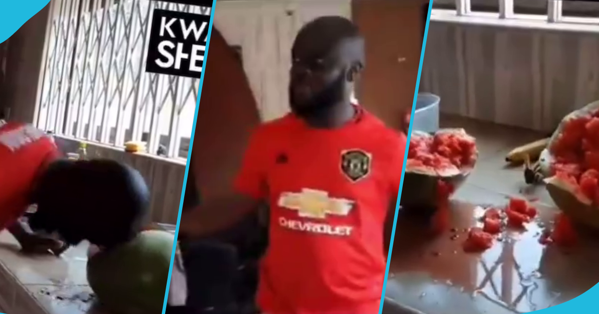 Kwadwo Sheldon breaks a large-sized watermelon with his head, Ghanaians react to hilarious video
