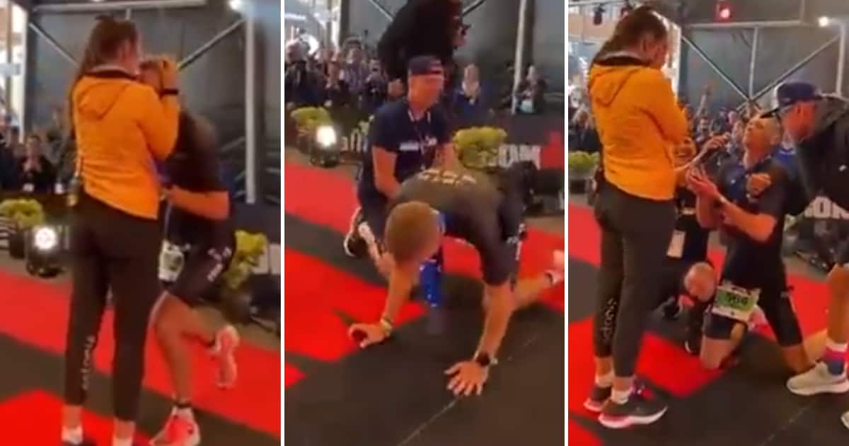 Athlete proposes at finishing line but gets leg cramp and crumbles, peeps are certain it’s a sign, lol