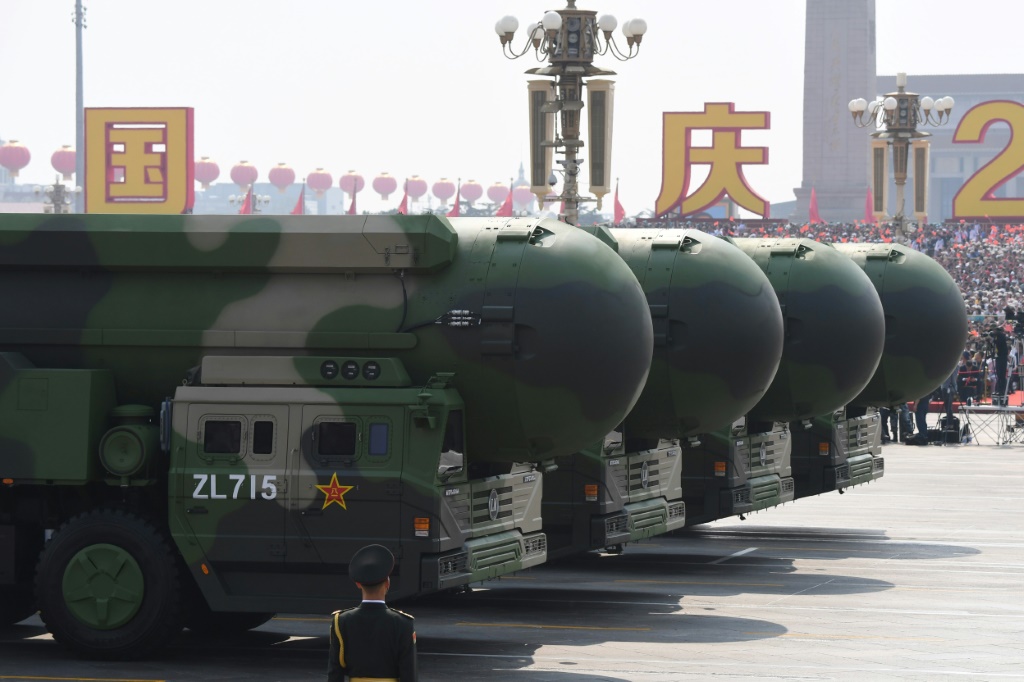 China's DF-41 nuclear-capable intercontinental ballistic missiles are seen during a military parade in Beijing on October 1, 2019