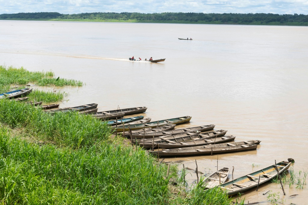 Canoes line the banks by the Indigenous village of Umariacu, in the Brazilian Amazon