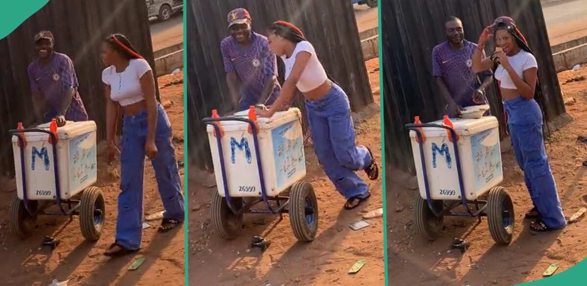 Very beautiful lady stylishly plays with male hawker, collects Ice cream from him