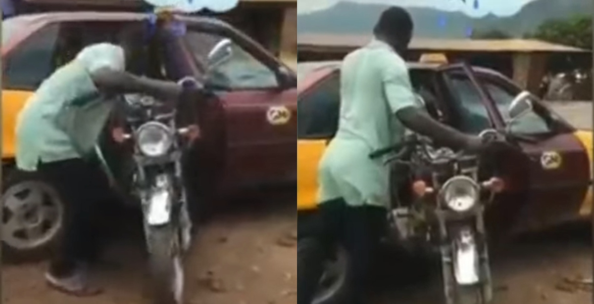 Common Sense: Ghanaians say as Video of a man Forcing a Whole Motobike into a taxi Goes Viral