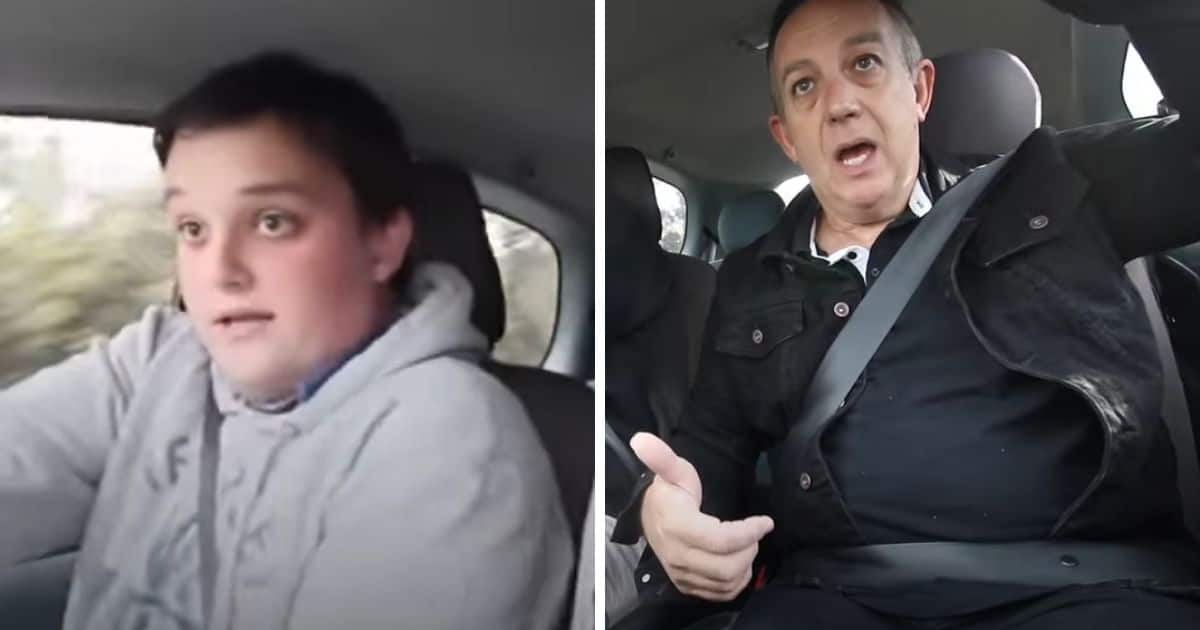 Kieran Davidson and his father on a driving lesson