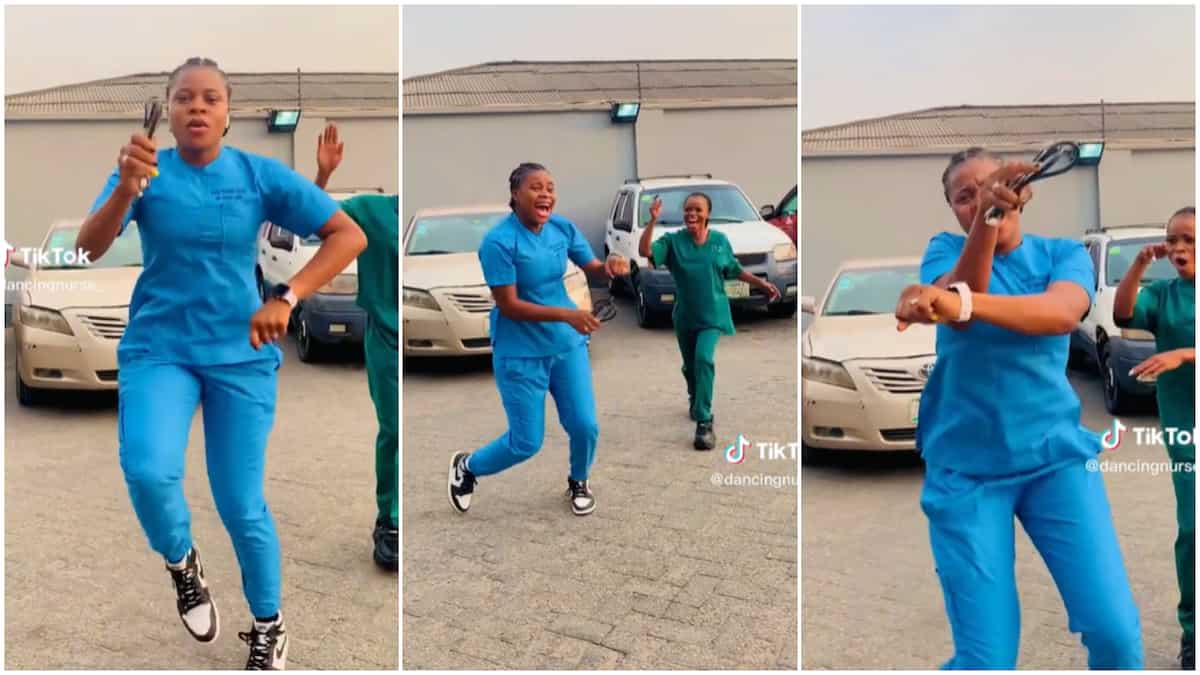 Nurse in her uniform/lady made cool dance moves.