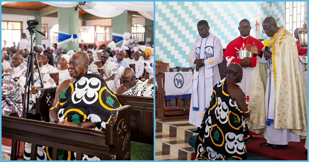 Asantehene: Otumfuo attends memorial service, kneels before Anglican priest for prayers in latest photos