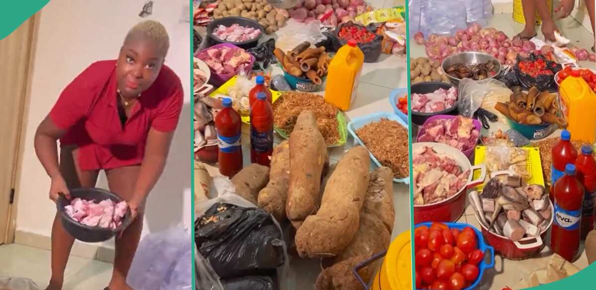 Lady shows food stuff she bought from a Lagos market.