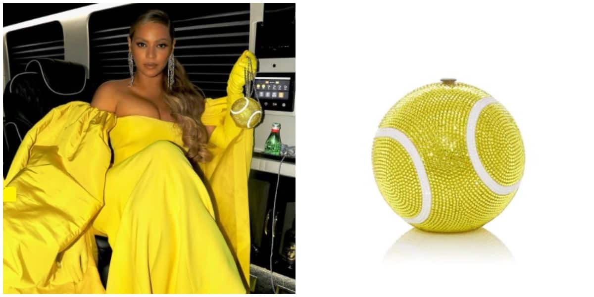 Photos of Beyonce and the tennis ball clutch.