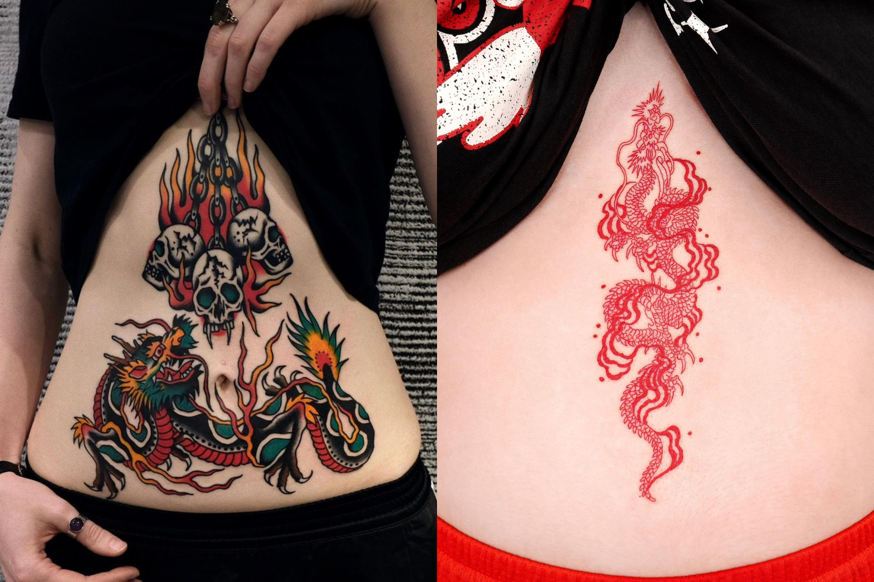 A lady with a coloured dragon tattoo (L) and another one with a red dragon tattoo (R)