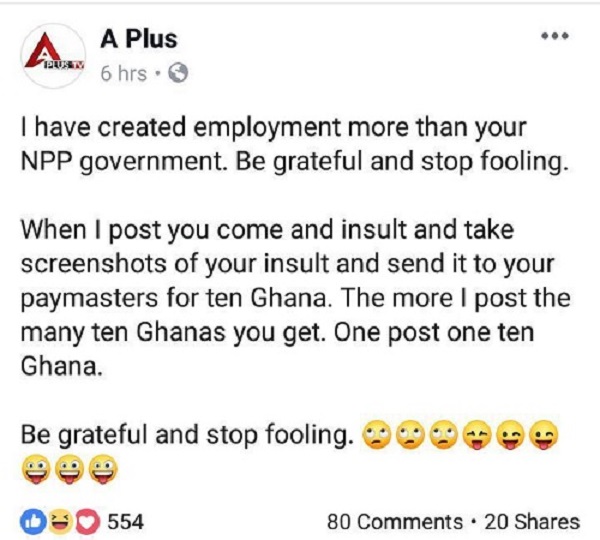 I have created more jobs in Ghana than NPP - A Plus brags