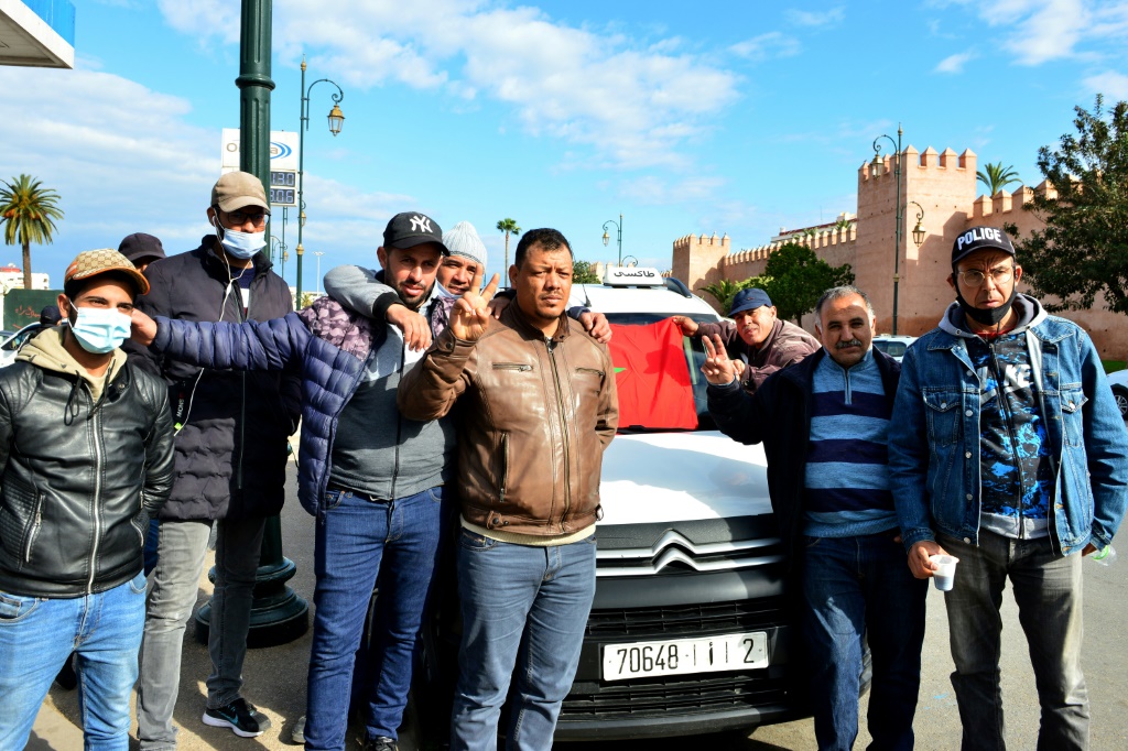 Moroccan taxi drivers strike to protest spiralling fuel coasts, in the capital Rabat, on March 7, 2022