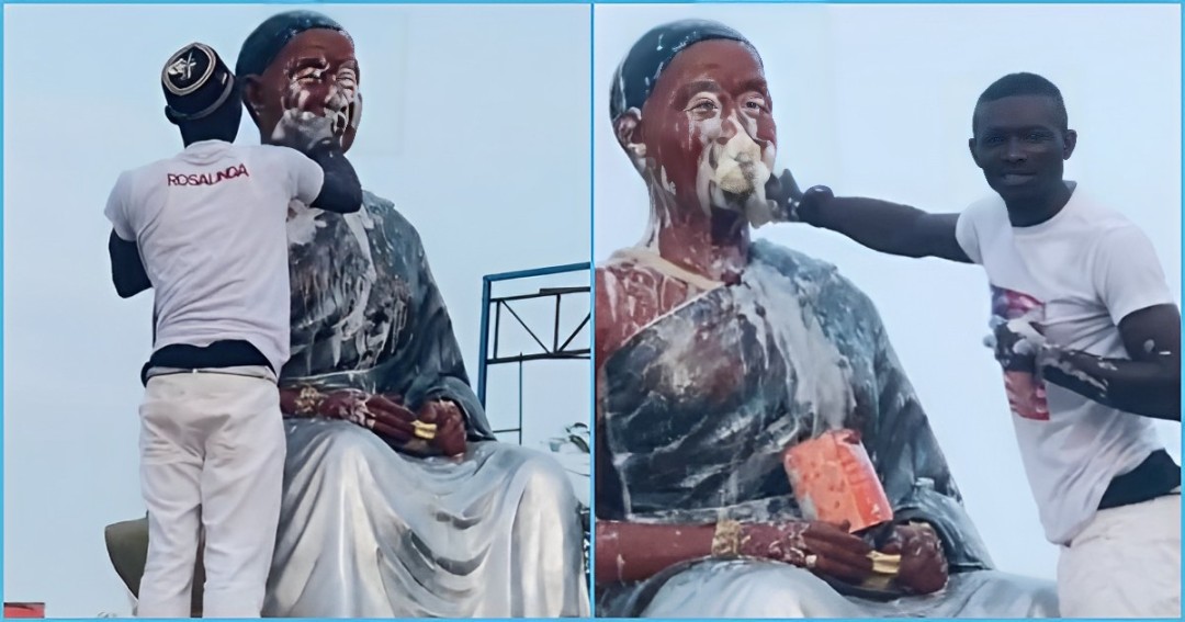 Ghanaian man delights as he cleans late Asantehemaa's effigy for free