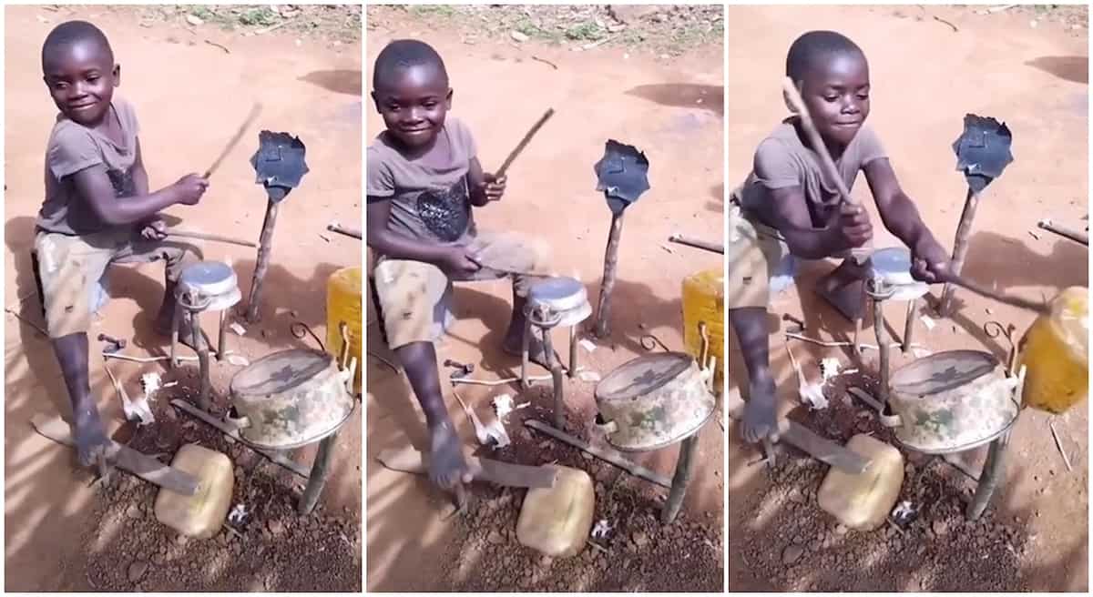 Photos of a little boy playing a drum he made from old plates.