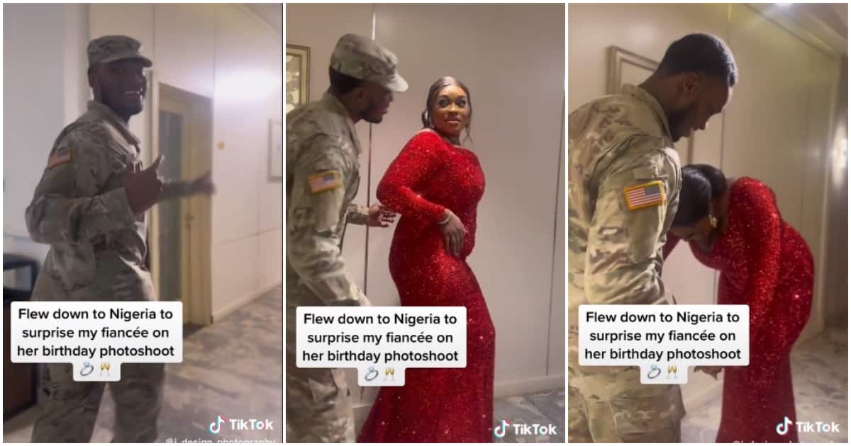 US soldier, Nigeria, flew into Nigeria to surprise fiance, birthday photoshoot, happy