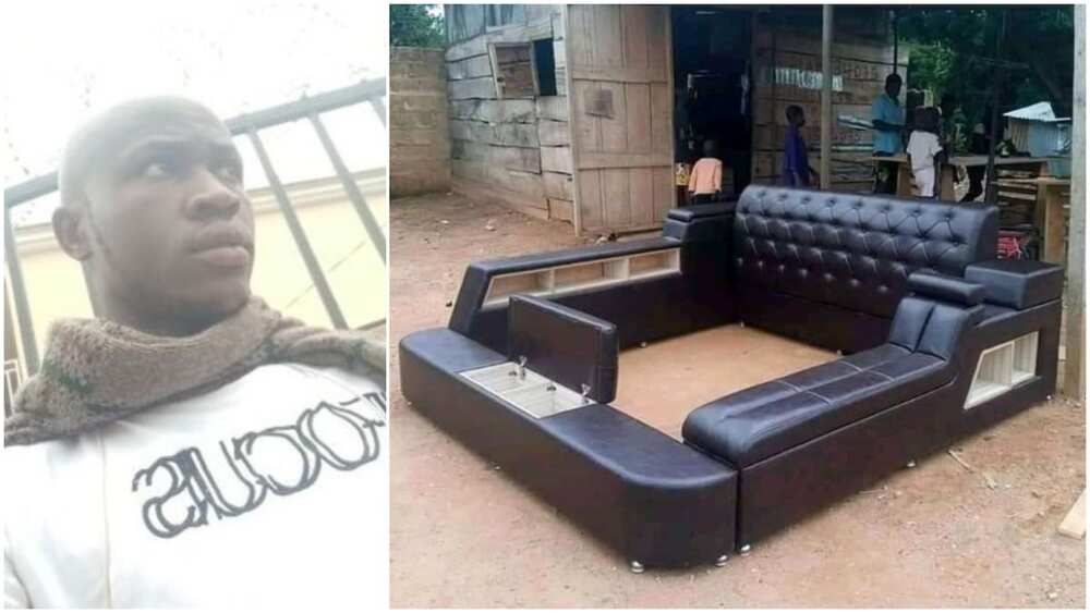 Young Nigerian man showcases the bed frame he made, photo stirs reactions, people ask for his location