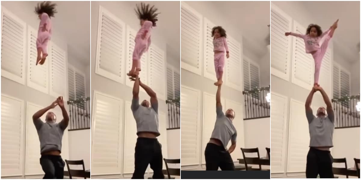 Little girl displays amazing skills as dad throws her in the air