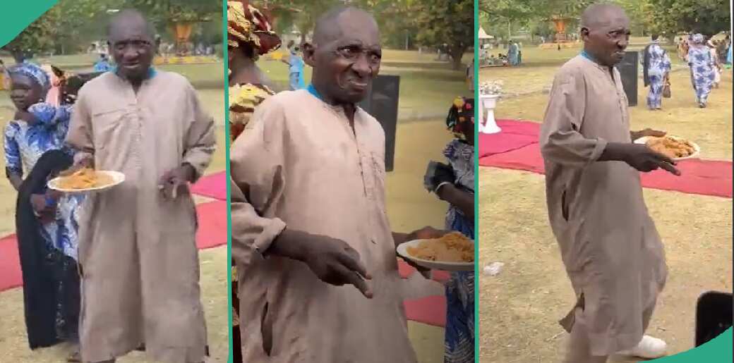 Strong old man dances with plate of jollof rice in his hands, video trends: "Food na your mate?"