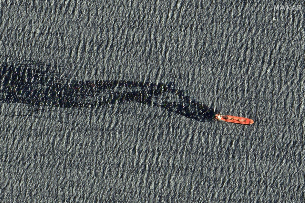 A satellite image taken on March 2 shows the Rubymar cargo ship, nearly two weeks after it was damaged in a Huthi-claimed strike